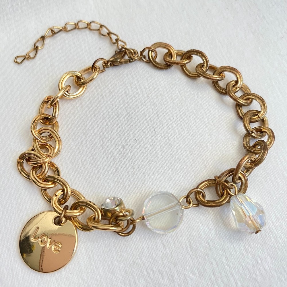 💎Gold Tone Love Clear Stone Charm Bracelet  Lobster Clasp Gift